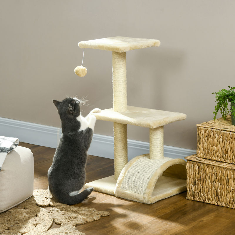 PawHut Kratzbaum Cremeweiß mit Plüschballen und Sisalstämmen, mehrstöckiger Katzenturm für mittelgroße Katzen, B/T/H: 35 x 40 x 72 cm - Bild 2