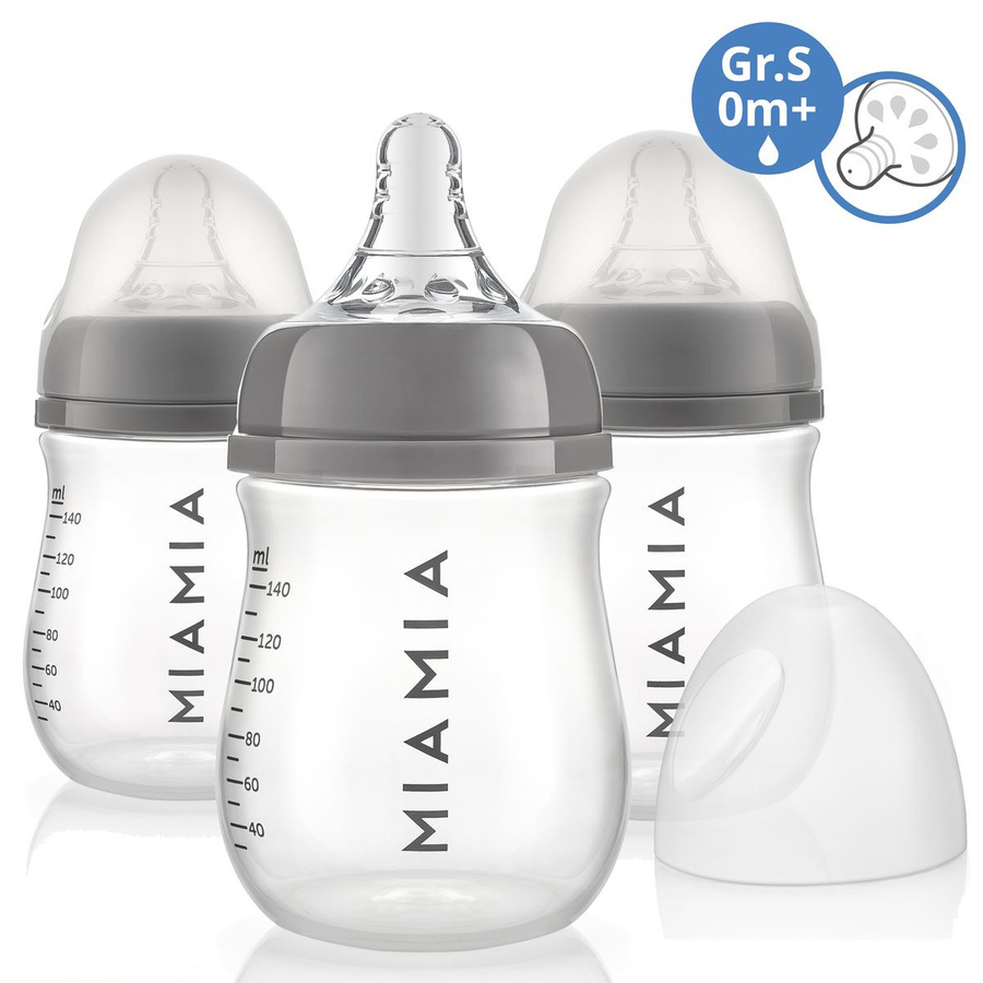 MiaMia PP-Flaschen 3er Pack mit Silikon-Trinksauger Grösse S in Grau, 140 ml, mit Anti-Colic-Ventil und breitem Flaschenhals - Bild 1