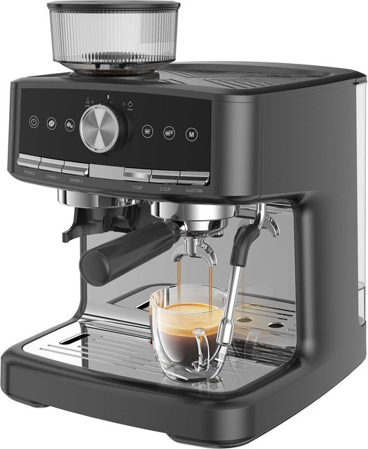 HiMISS Espressomaschine in Schwarz mit integriertem Mahlwerk, 30 Mahlgradstufen und Milchaufschäumer für Cappuccino und Espresso mit 15 Bar Druck - Bild 1