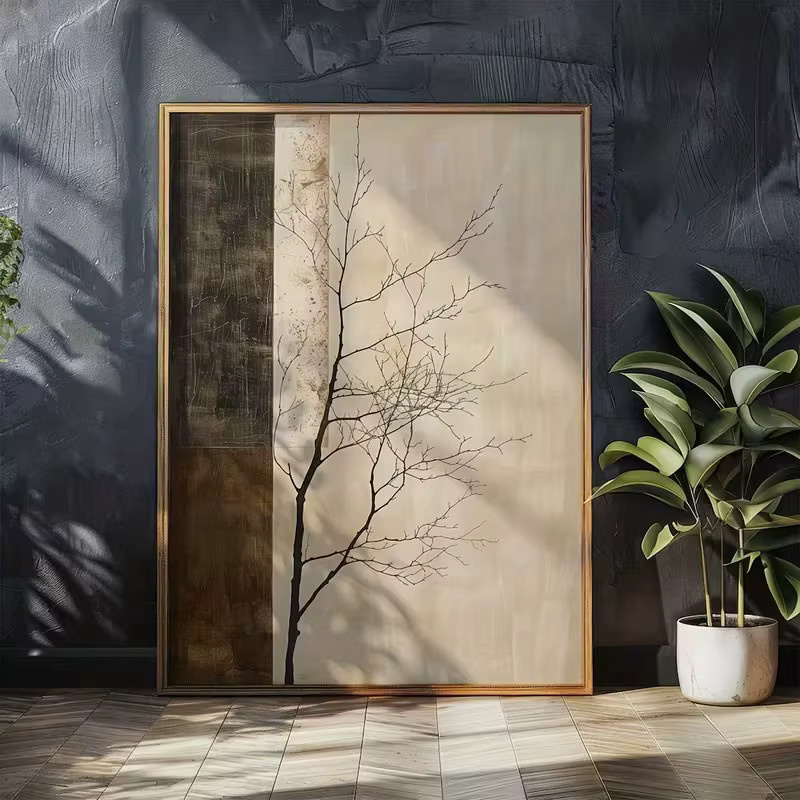 HQYSZZ Abstrakte Leinwand Wanddekoration in Beige mit botanischem Zweig-Motiv im modernen Skandinavischen Stil - Bild 3