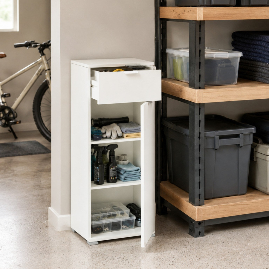 Der Weiße Stein Niedriger Schrank mit Tür und Schublade in Weiß, Mehrzweck-Aufbewahrungsmöbel für Badezimmer, Küche oder Waschraum, B/T/H: 45 x 38 x 103 cm - Bild 2