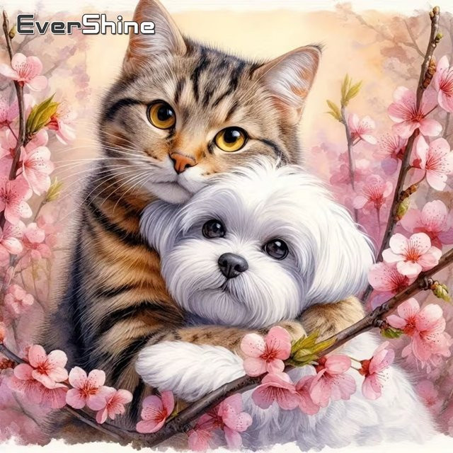 EverShine DIY Diamant-Stickerei Bastelset mit Katzen, Hunden und Blumen als Strass-Mosaik Wanddekoration in Mehrfarbig, Durchmesser: 20 cm - Bild 1