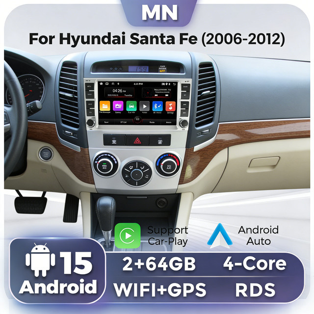 NAVIFANS Android 15 Autoradio mit 7 Zoll Display für Hyundai Santa Fe 2 (2006 - 2012), Multimedia Player mit GPS Navigation, Carplay und Android Auto, Schwarz - Bild 1