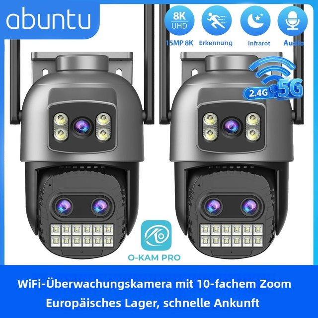 Abuntu 2er Set 8K WLAN-Sicherheitskamera mit 15MP, Dual-Band 2,4G/5G, 10-fach Zoom, Nachtsicht und Menschenerkennung, Schwarz - Bild 1