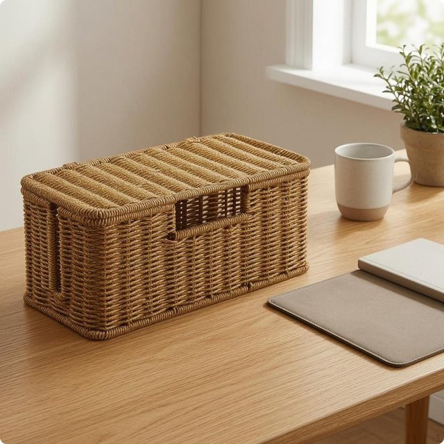 Kabelmanagementbox HomeVibe mit Deckel in Beige und Braun aus geflochtener Rattan-Schnur mit fünf Öffnungen - Bild 1