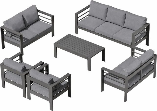 MeXo Gartenmöbel Set aus Aluminium und WPC mit Polyester-Polstern für 9 Personen in Grau - Bild 1