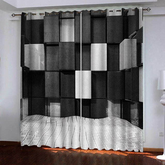 Hausbedarf MH 3D Geometrischer Schwarz-Weiß-Block Vorhang Set aus 2 Paneelen, modern und halbtransparent, B: 50 cm, H: 130 cm - Bild 1