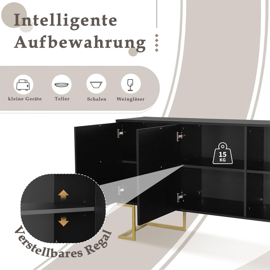 Flieks Sideboard Kommode mit 3 Türen in Schwarz, moderner Buffetschrank mit verstellbaren Ablagen, B/T/H: 138 x 40 x 80,5 cm - Bild 4