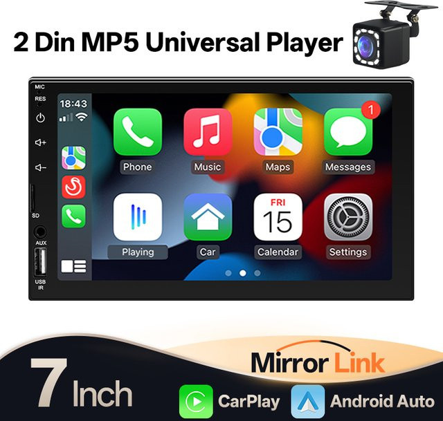 Hippcron 2DIN Multimedia Autoradio mit 7 Zoll Touchscreen, Bluetooth, Wired Carplay und Android Auto, Schwarz - Bild 1