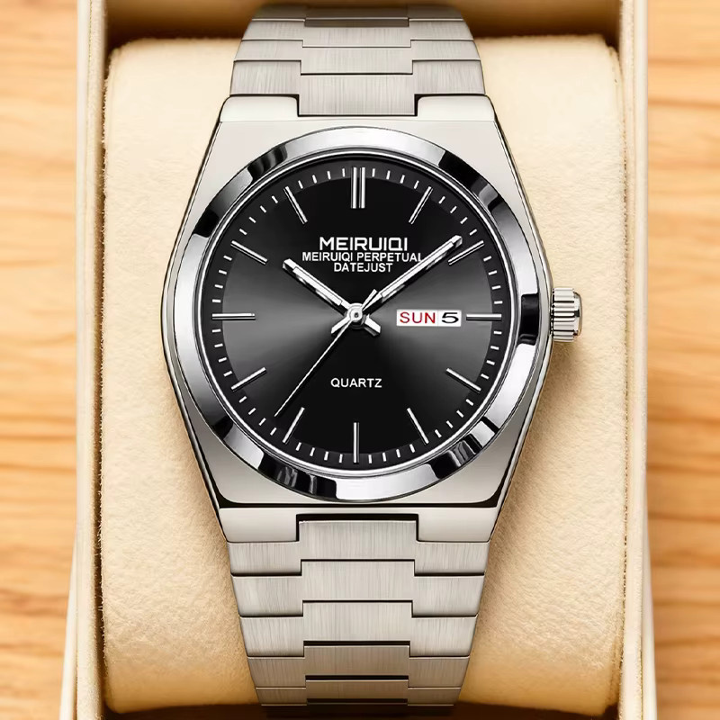 MEIRUIQI Armbanduhr Edelstahl, Quarz, Silber-Schwarz, Herren, Datum, Wochentag - Bild 2