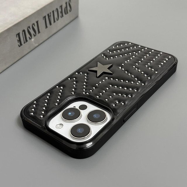 Tuiying002 Stoßfeste Leder Handyhülle mit silbernen Nieten und Fünfzackstern für iPhone 17 16 15 14 Pro Max in Grau - Bild 1