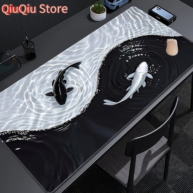 Potdemiel Japanische Schreibtischunterlage mit Koi-Fisch Motiv in Schwarz-Weiß, B/T: 80 x 30 cm - Bild 1