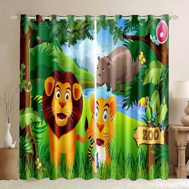 A Family Of Home Textiles Dünne Vorhänge mit Zoo Tier Cartoon Motiv für Kinderzimmer und Kindergarten, Mehrfarbig, B: 50 cm, H: 130 cm, 2er Set - Bild 1