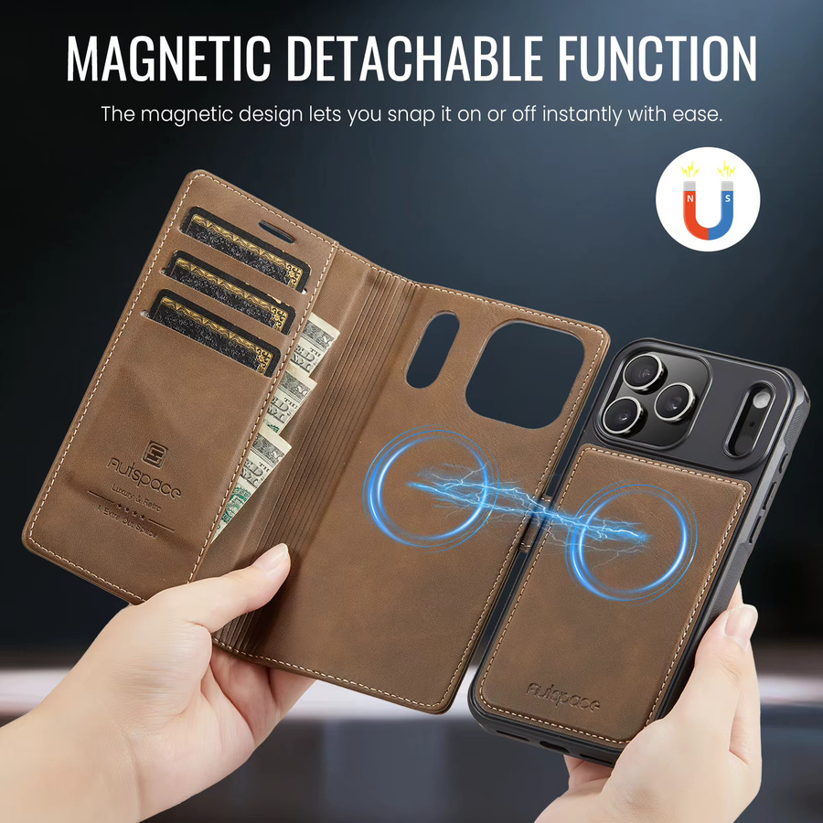HKNR 2-in-1 Leder-Handyhülle mit abnehmbarer Geldbörse und Buchständer, magnetische MagSafe Kartenhülle für iPhone 17 Air 16 15 14 Plus 13 12 Pro Max, Schwarz und Braun - Bild 2