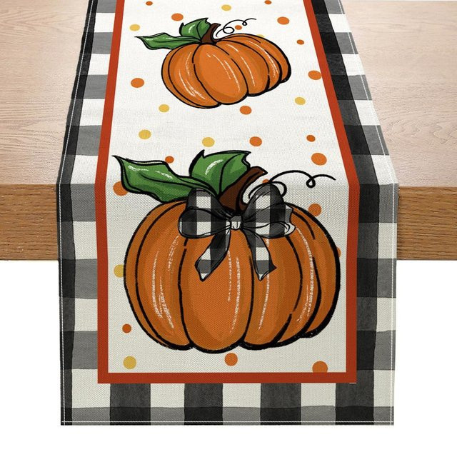 MENGN Top Tischläufer aus Leinen mit Herbst-Kürbis-Print, Mehrfarbig, B/H: 33 x 180 cm - Bild 1