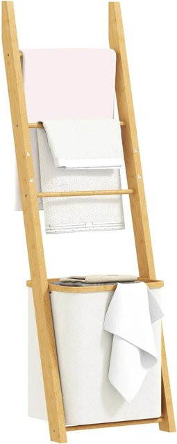 HOMCOM Badezimmer Regal Leiter im nordischen Design aus Bambus und Leinen, Cremeweiß, B: 43 cm, T: 35 cm, H: 133 cm - Bild 1