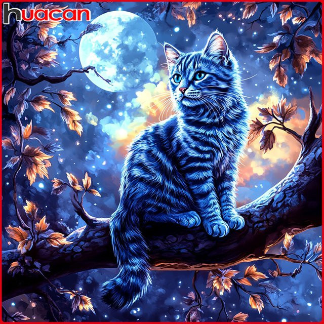 Huacan Diamantgemälde Katze und Mond als Diamantmosaik Set in Blau, Breite: 20 cm, Höhe: 20 cm - Bild 1