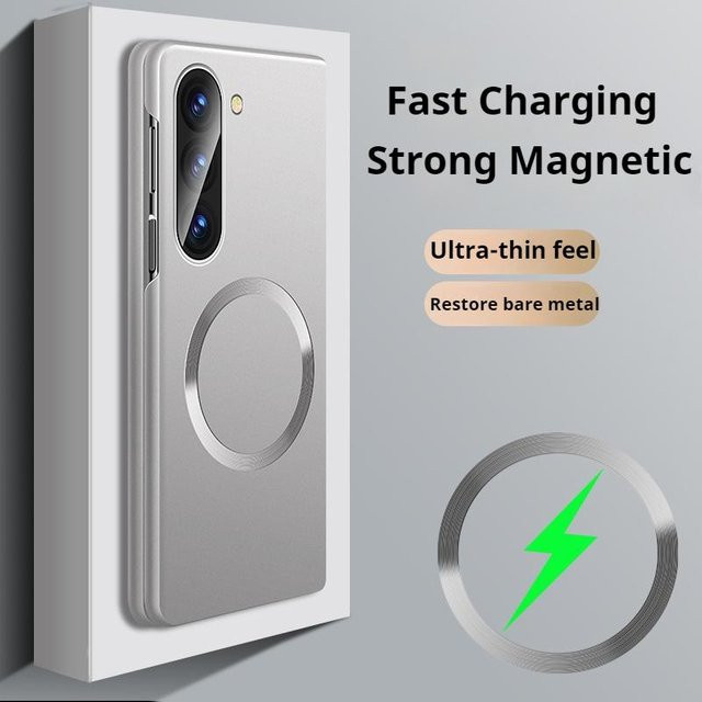 Ultra dünne magnetische Schutzhülle für Samsung Galaxy Z Flip6 in Silber mit matter Metall-Optik und Unterstützung für kabelloses Laden - Bild 1