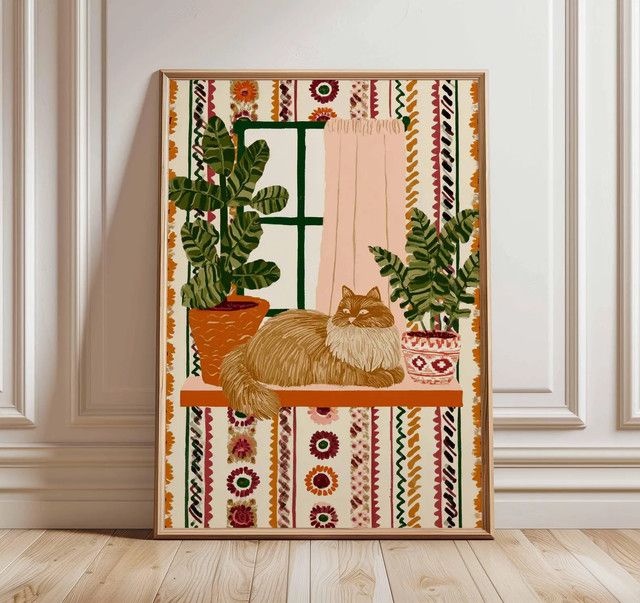 Boho Wandkunstdruck Ginger Cat mit Zimmerpflanzen von SHENCHEN als botanisches Poster im Portraitformat - Bild 1