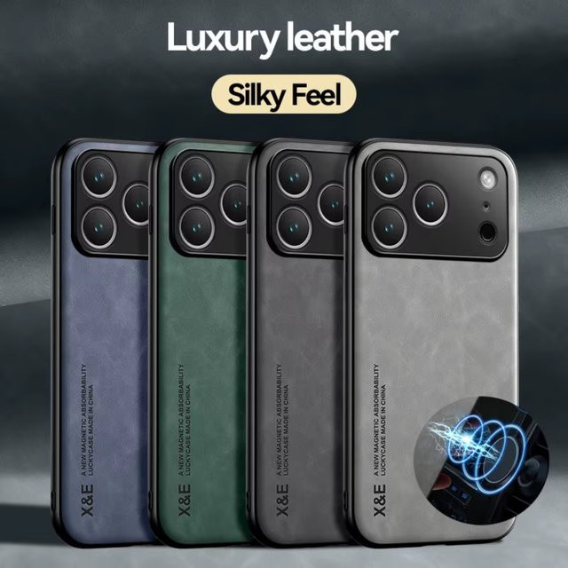 Leder-Handyhülle für Apple iPhone 17 Air 16 15 14 13 Pro Max 16e mit Metallplatte für magnetische Autohalterungen in Grau - Bild 1