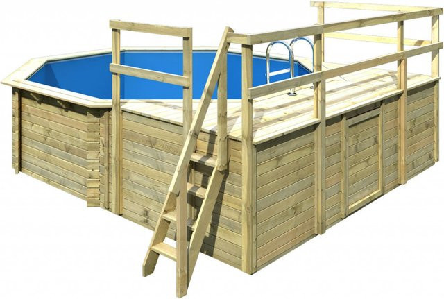 Karibu Achteck Aufstellpool Set 2 in Blau und Grau mit Filteranlage, Skimmer und drei Sonnenterrassen aus Massivholz Fichte - Bild 2