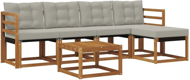 vidaXL Outdoor-Sofagarnitur 6-teilig aus Akazienholz und Textilene in Natur und Grau mit Kissen - Bild 1