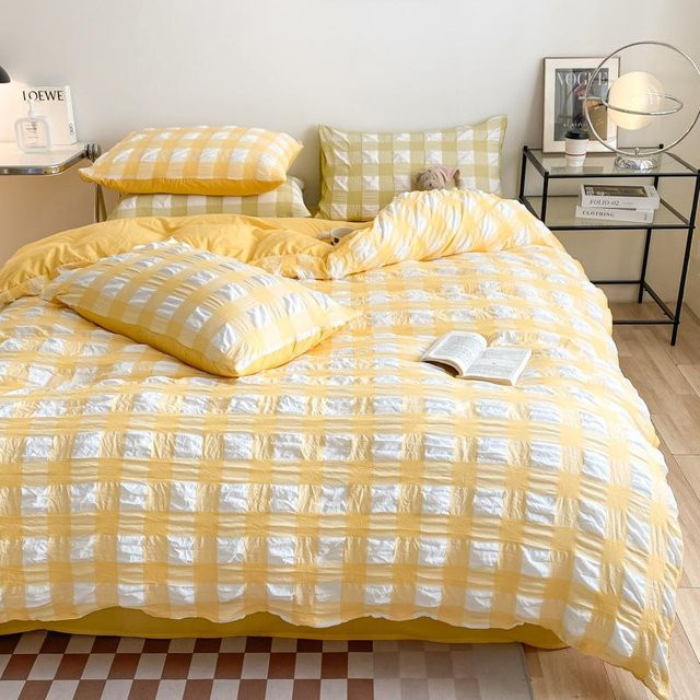 Bin Chi Textiles Bettwäscheset Karomuster aus gewaschener Baumwolle, Gelb, 4-teilig, B/H: 150 x 200 cm - Bild 1