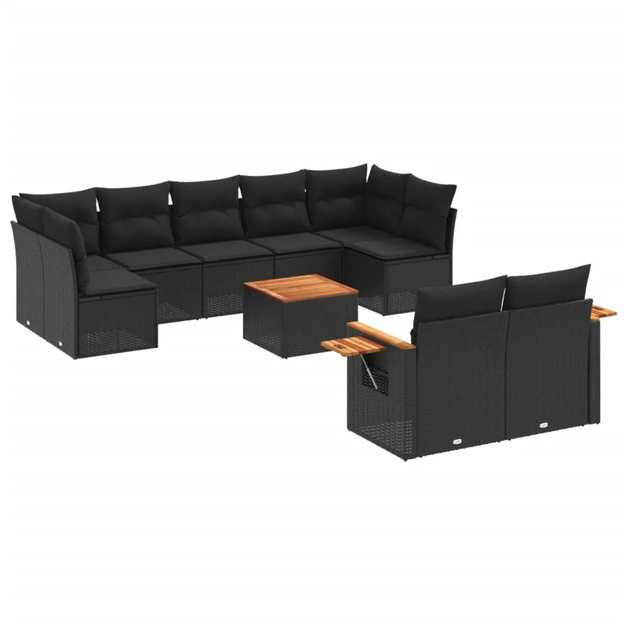 vidaXL 10-tlg Garten-Sofagarnitur in L-Form aus Polyrattan und Akazienholz mit Kissen, Schwarz - Bild 2