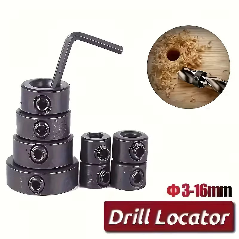 9-teiliges Holzbearbeitungs-Bohrer-Positionierer-Set in Schwarz mit einstellbaren Bohrtiefenbegrenzern und Sechskantschlüssel für Präzisionsbohrungen - Bild 4