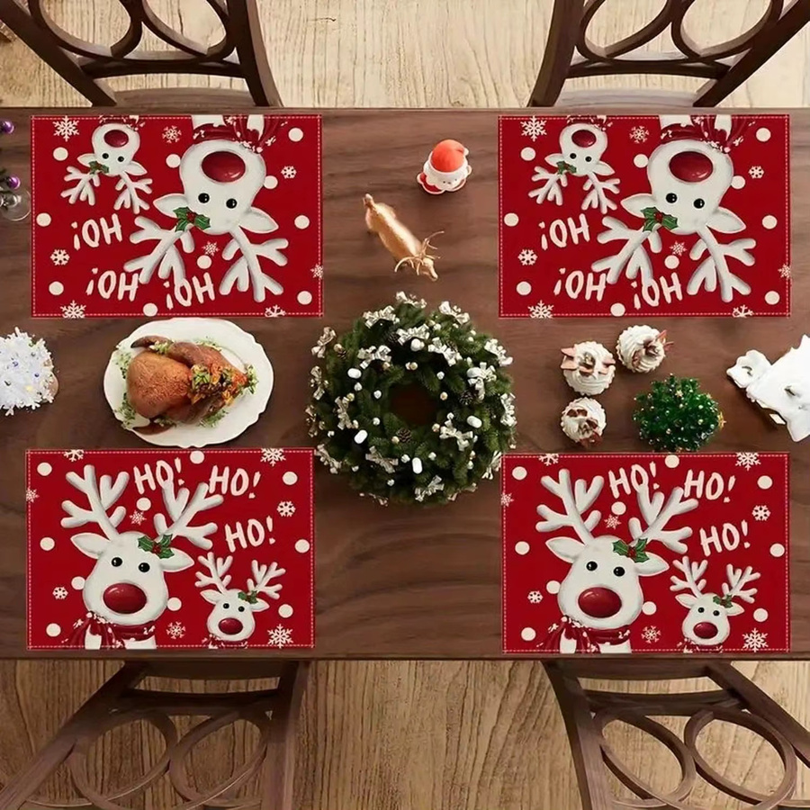 VIKAMA 4er Set Weihnachts-Tischsets mit Rentier-Schneeflocken-Muster in Rot, rechteckig aus PVC - Bild 4