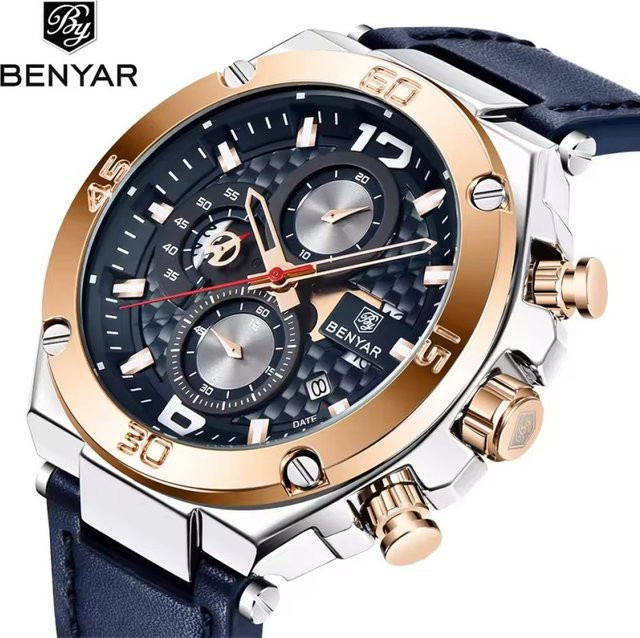 BENYAR Chronograph Armbanduhr, Quarz, Leder, Schwarz, Herren - Bild 1
