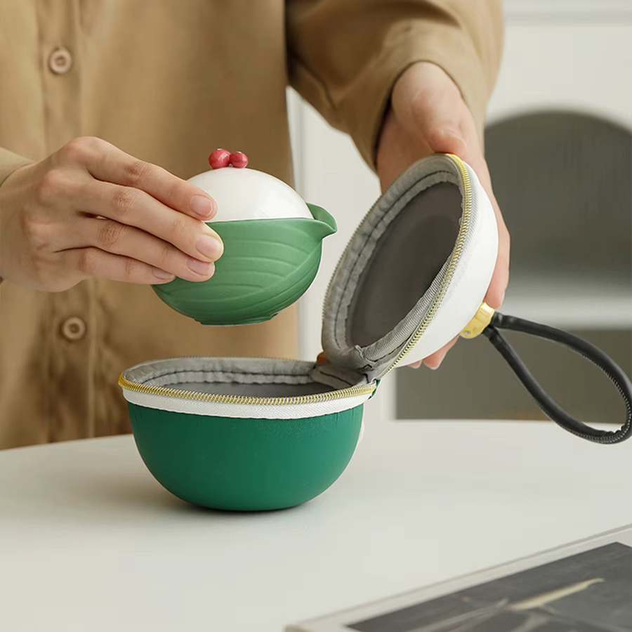 WENZHE Tragbares Reise-Tee-Set aus Keramik mit Teekanne und Infuser, Grün - Bild 4