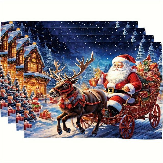 VIKAMA 4-teiliges Weihnachtsmann-Schlitten-Tischset mit verschneitem Stadt-Aufdruck zur Weihnachtsdekoration für dein Familienessen - Bild 1