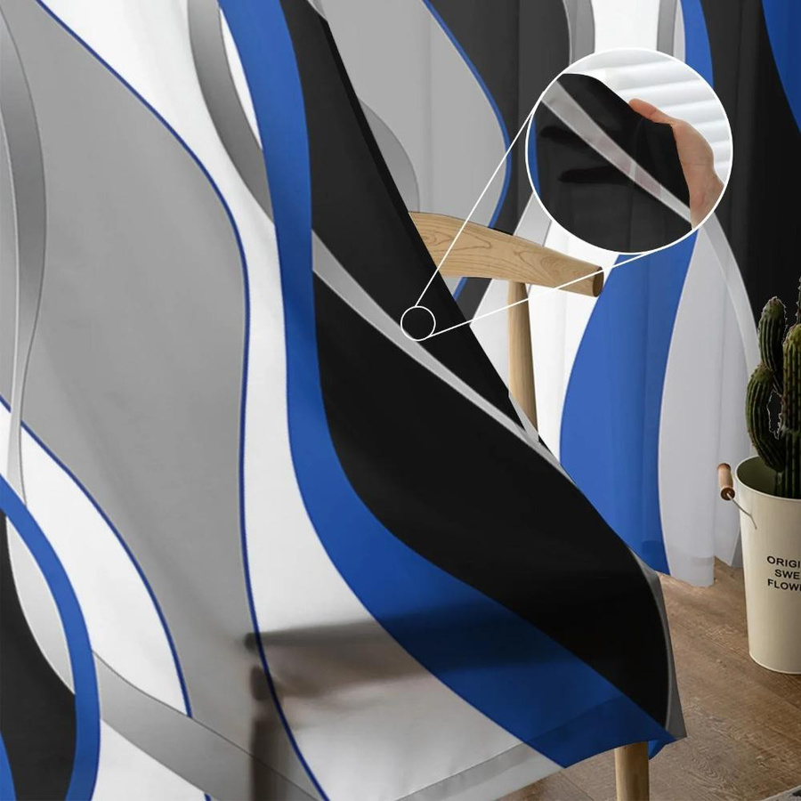 Yiran Furniture Transparenter Voile-Vorhang mit abstraktem Linienmuster in Blau und Schwarz, B: 135 cm, H: 115 cm - Bild 3