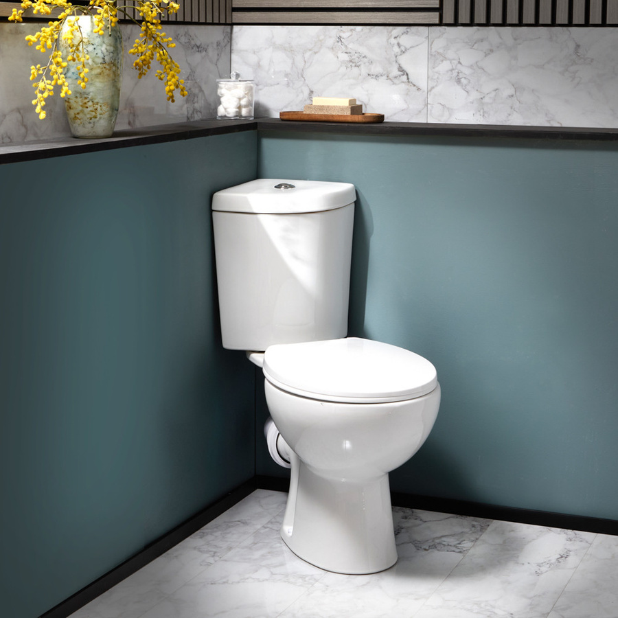 Belstone Eck-Stand-WC aus Keramik mit aufgesetztem Spülkasten, Spülknopf und WC-Sitz mit Absenkautomatik, Farbe: Weiß, B/T/H: 76 x 36 x 78 cm - Bild 1