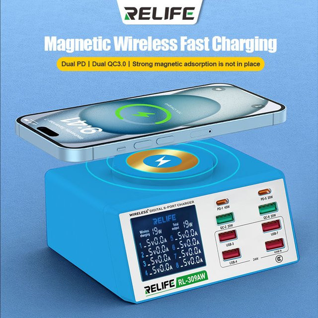 RELIFE RL-309AW Dual QC3.0 USB-Ladegerät mit LCD-Display und 8 Anschlüssen in Blau für Mobiltelefone, Tablets und Laptops - Bild 1