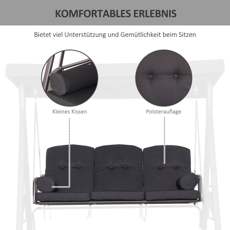 Outsunny Hollywoodschaukel aus Metall mit Sonnendach und Kissen in Schwarz, B/H/L: 116 x 183 x 206 cm - Bild 2