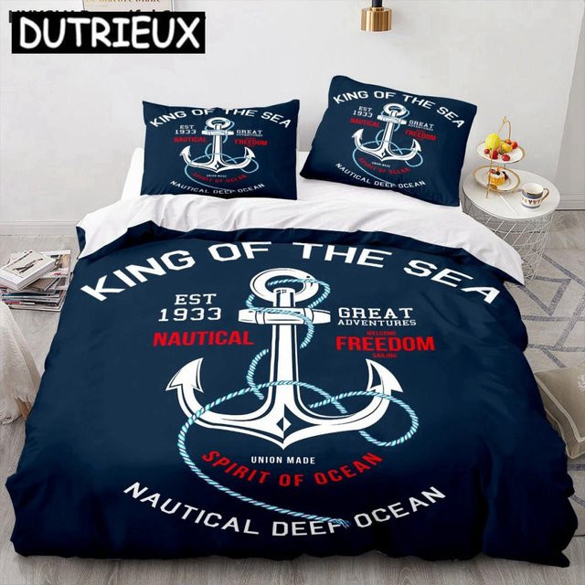 Nautisches Bettwäsche-Set Schiffsanker mit 1 Bettbezug und 2 Kissenbezügen aus Polyester in Blau, B/H: 135 x 200 cm - Bild 1