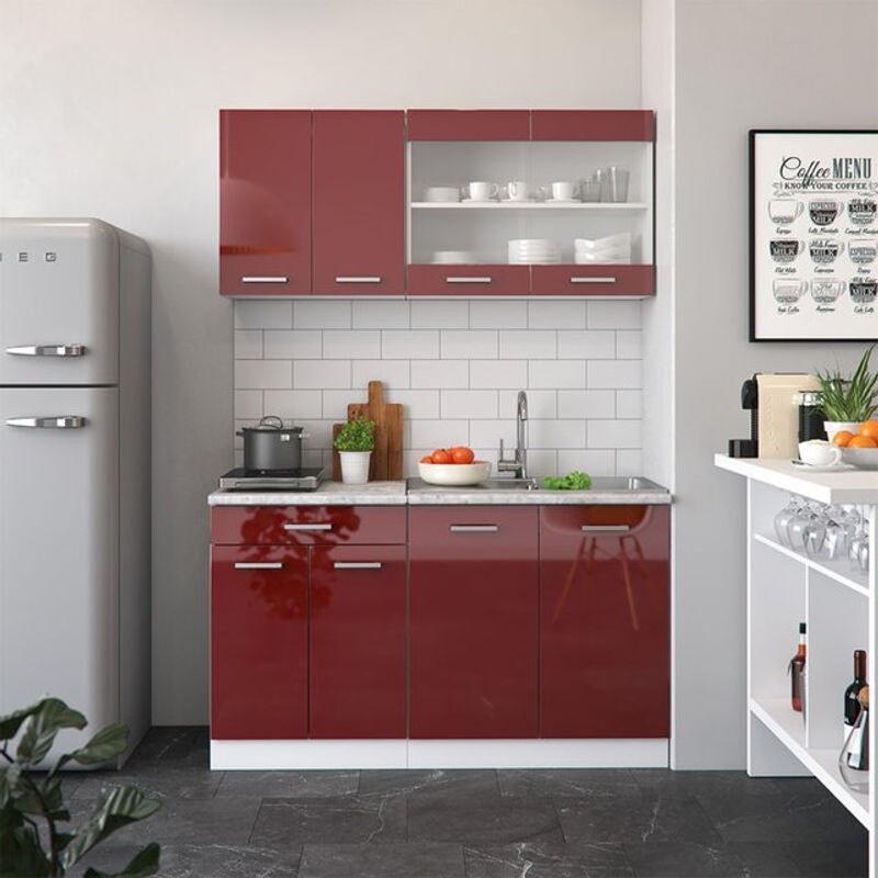 Vicco Mini-Küche R-Line in Bordeaux Hochglanz und Weiß, modern gestaltet, Breite: 140 cm, ohne Arbeitsplatte - Bild 1