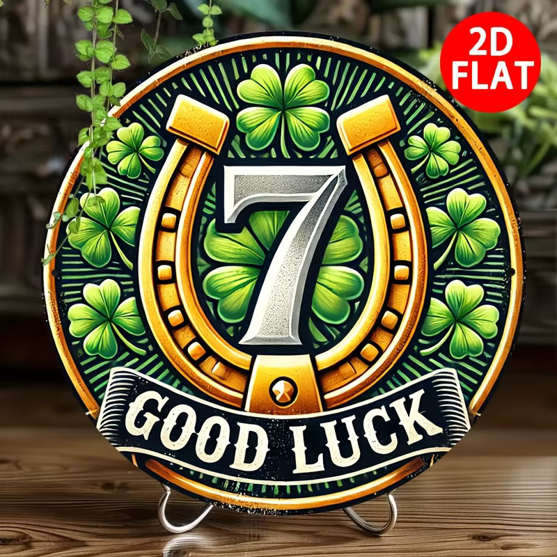 Potdemiel Good Luck Charm Rundes Eisenschild in Gold mit Kleeblatt- und Hufeisen-Design, Durchmesser: 20,32 cm - Bild 4