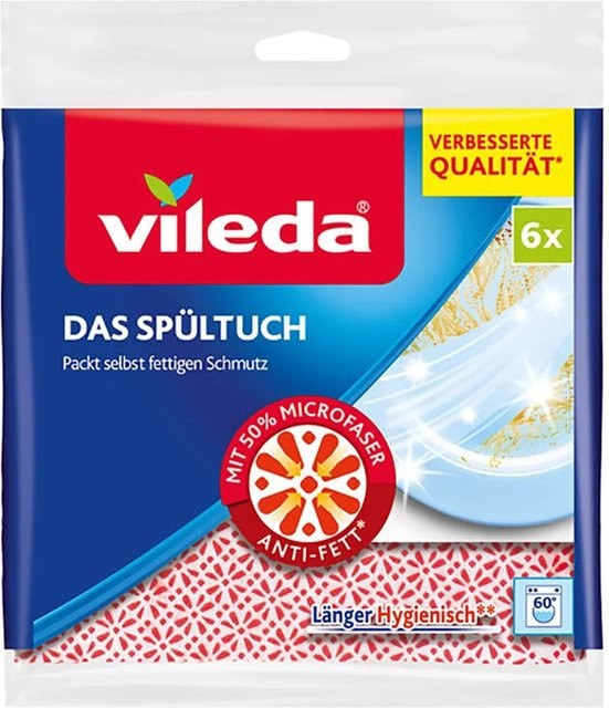 Vileda Spültuch 6er-Pack, rot-weiß, B: 34,0 cm x H: 34,0 cm, mit 30% Microfaser und hoher Saugfähigkeit - Bild 1