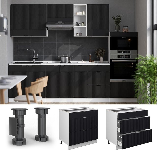 Vicco Schubladenunterschrank Fame-Line Weiß Schwarz gestreift mit Arbeitsplatte Marmor-Weiß Breite: 80 cm - Bild 1