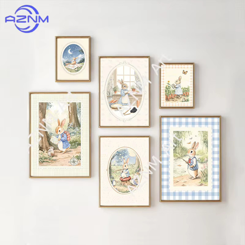 KAYOU Vintage Boho Kunstposter Blau Kariertes Hasen-Motiv als Leinwandmalerei für Kinderzimmer und Schlafzimmer - Bild 2