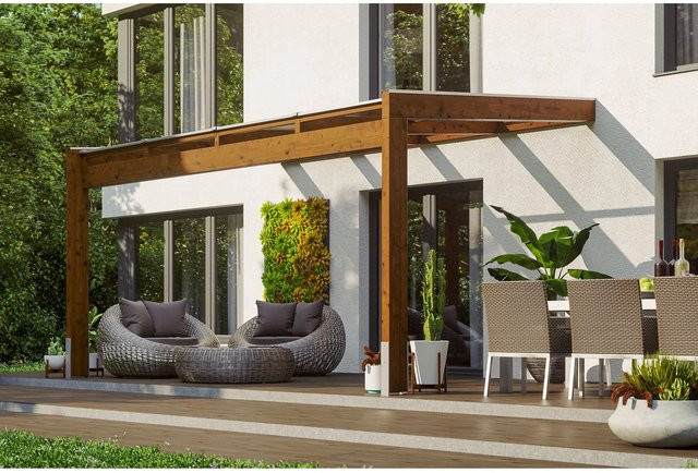 Skan Holz Terrassenüberdachung Novara aus Nussbaum mit Polycarbonat-Dach B/T: 450 x 359 cm - Bild 1