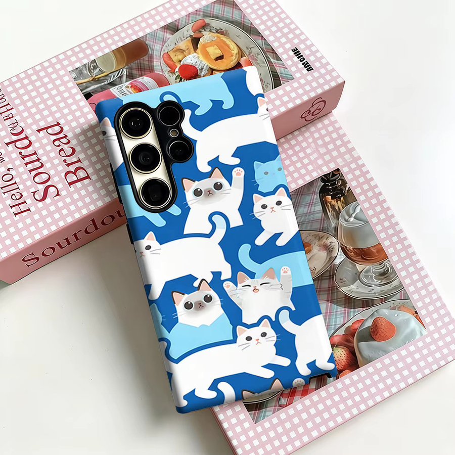 Stoßfeste Doppelschicht Handyhülle mit Katzen-Design für Samsung Galaxy S26 S25 S24 S23 Ultra Plus in Blau-Weiß - Bild 3