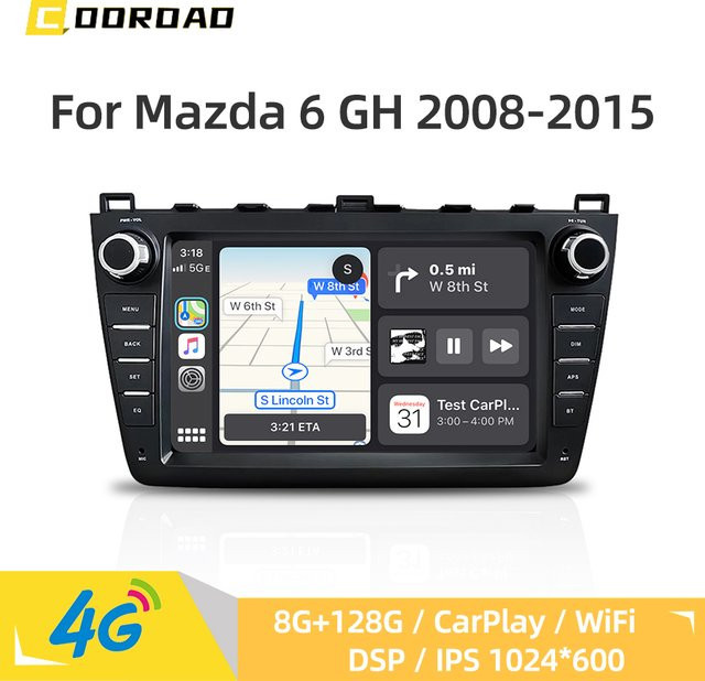 COOROAD Auto Multimedia Player Android 14 für Mazda 6 GH 2008-2015 mit CarPlay, 4G, WiFi, GPS, Bluetooth und Navigation in Schwarz - Bild 1