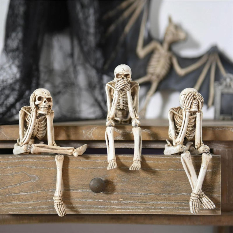 Fashnics Halloween Skelett Sammlerfiguren No-Evil Totenkopf-Dekoration aus Kunstharz in Beige und Grau - Bild 6