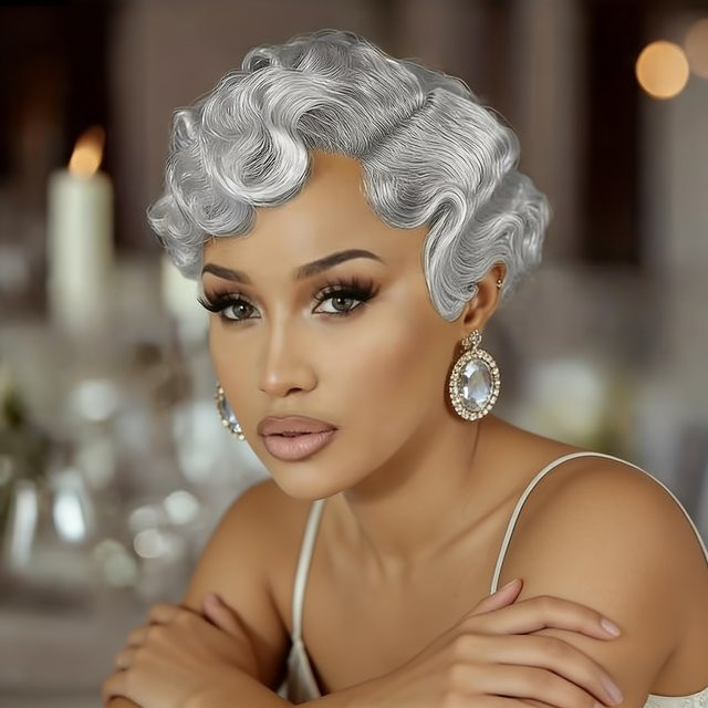 OYM HAIR Pixie-Schnitt-Perücke, 100 % Echthaar, grau, Damen - Bild 1