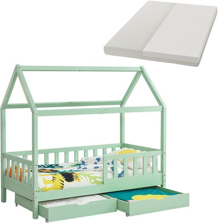 Juskys Kinderbett Marli Hausbett mit Dach, Bettkasten und Matratze, Farbe: Grün, B/T/H: 90 x 200 cm