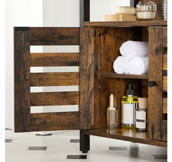 VASAGLE Waschbeckenunterschrank Badezimmerschrank im Industrial Design mit Stahlrahmen und Jalousientüren in Braun und Schwarz - Bild 3